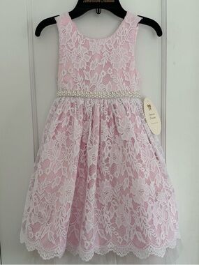 American Princess Dress Pink Lace Floral Fit & Flare Sleeveless Beaded 
Size 5